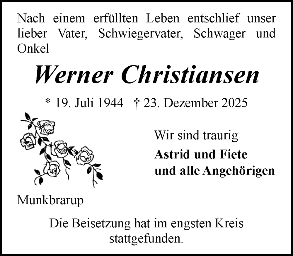  Traueranzeige für Werner Christiansen vom 24.01.2026 aus Flensburger Tageblatt