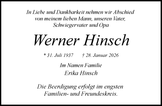 Traueranzeige von Werner Hinsch von MARKT Glinde/Reinfeld