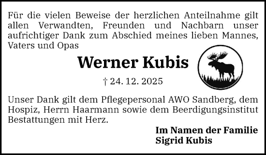 Traueranzeige von Werner Kubis von Flensburger Tageblatt