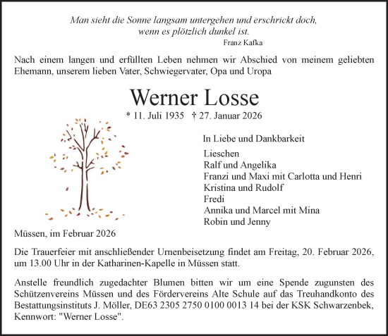 Traueranzeige von Werner Losse von Wochenend Anzeiger