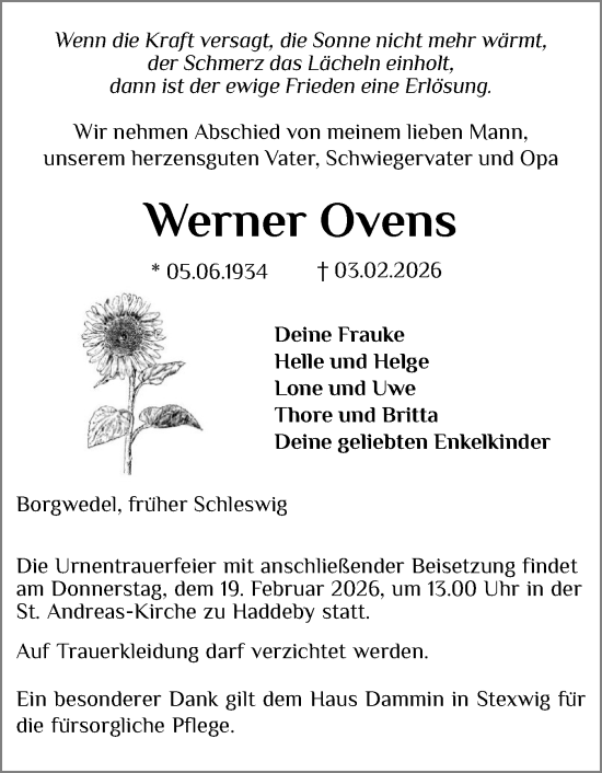 Traueranzeige von Werner Ovens von Schleswiger Nachrichten, Schlei-Bote