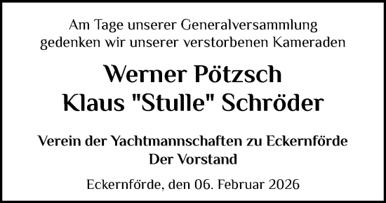 Traueranzeige von Werner Pötzsch von Eckernförder Zeitung, Hallo Eckernförde