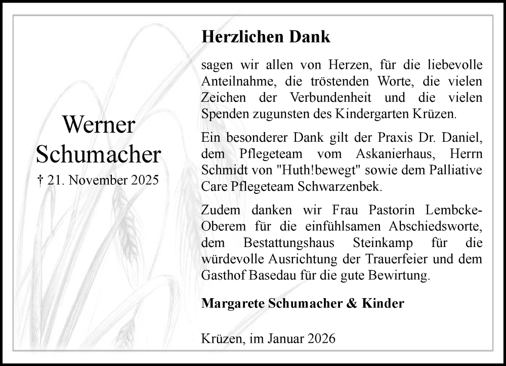  Traueranzeige für Werner Schumacher vom 24.01.2026 aus Wochenend Anzeiger