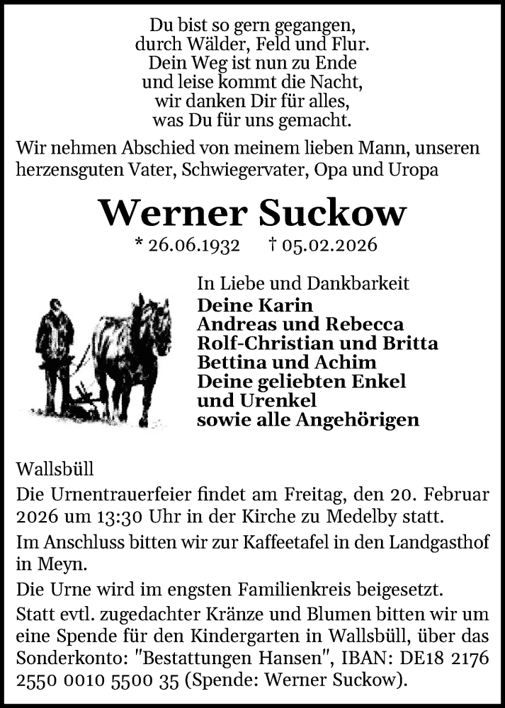  Traueranzeige für Werner Suckow vom 14.02.2026 aus Flensburger Tageblatt