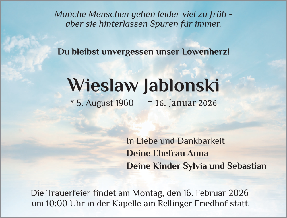  Traueranzeige für Wieslaw Jablonski vom 07.02.2026 aus Region Pinneberg und tip Pinneberg