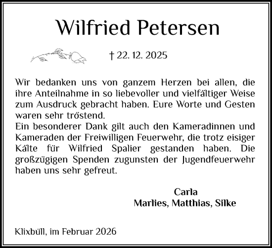 Traueranzeige von Wilfried Petersen von Husumer Nachrichten, Nordfriesland Tageblatt