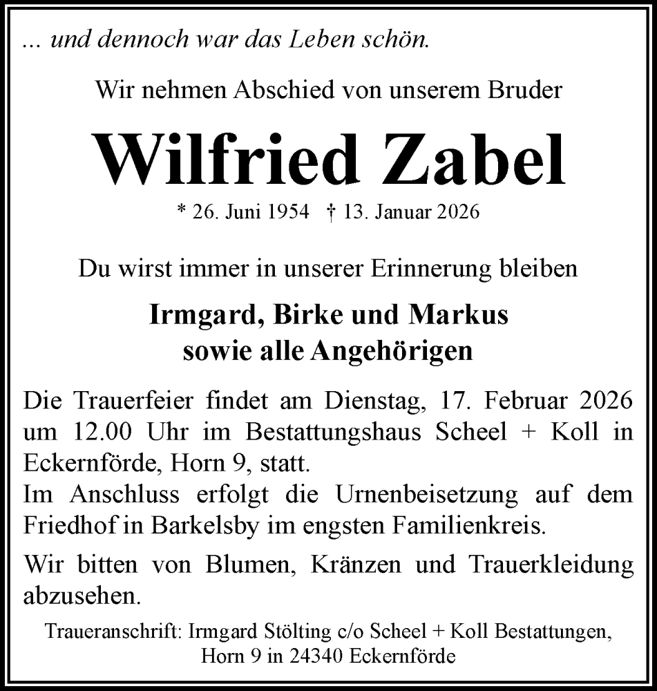  Traueranzeige für Wilfried Zabel vom 07.02.2026 aus Eckernförder Zeitung, Hallo Eckernförde