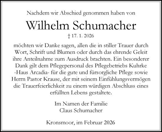 Traueranzeige von Wilhelm Schumacher von Norddeutsche Rundschau, Wilstersche Zeitung, Glückstädter Fortuna