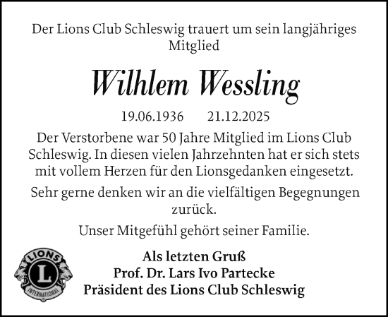 Traueranzeige von Wilhelm Wessling von Schleswiger Nachrichten, Schlei-Bote