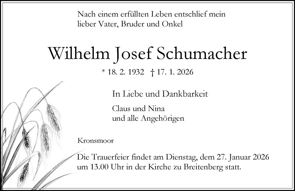  Traueranzeige für Wilhelm Josef Schumacher vom 24.01.2026 aus Norddeutsche Rundschau, Wilstersche Zeitung, Glückstädter Fortuna