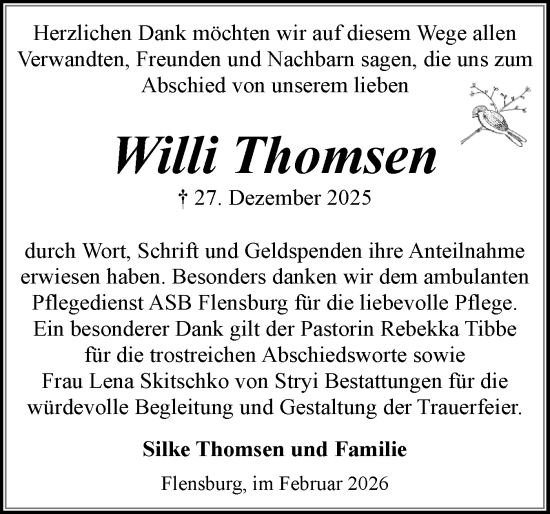 Traueranzeige von Willi Thomsen von Flensburger Tageblatt