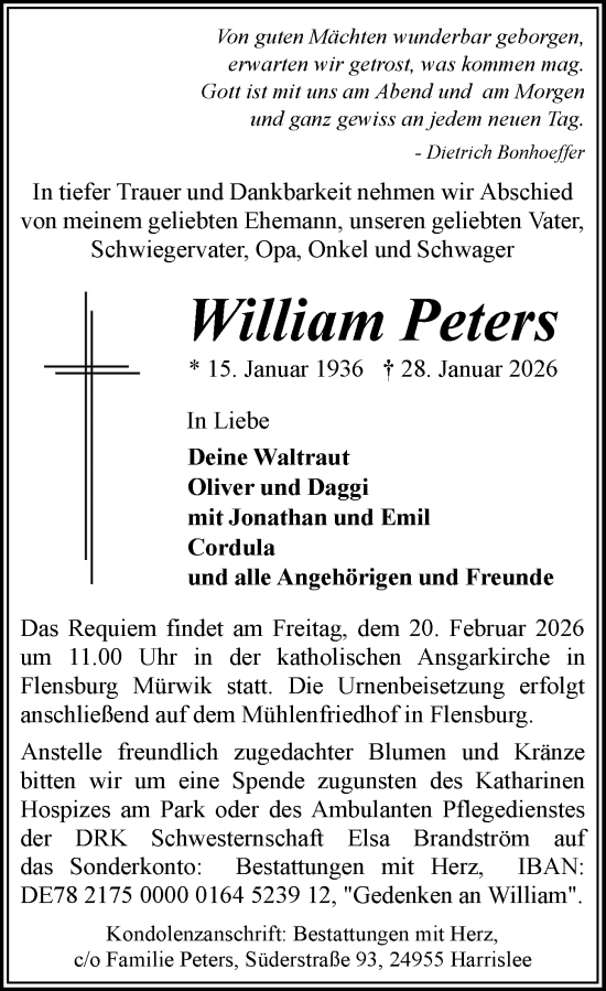 Traueranzeige von William Peters von Flensburger Tageblatt
