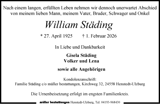 Traueranzeige von William Städing von Umschau