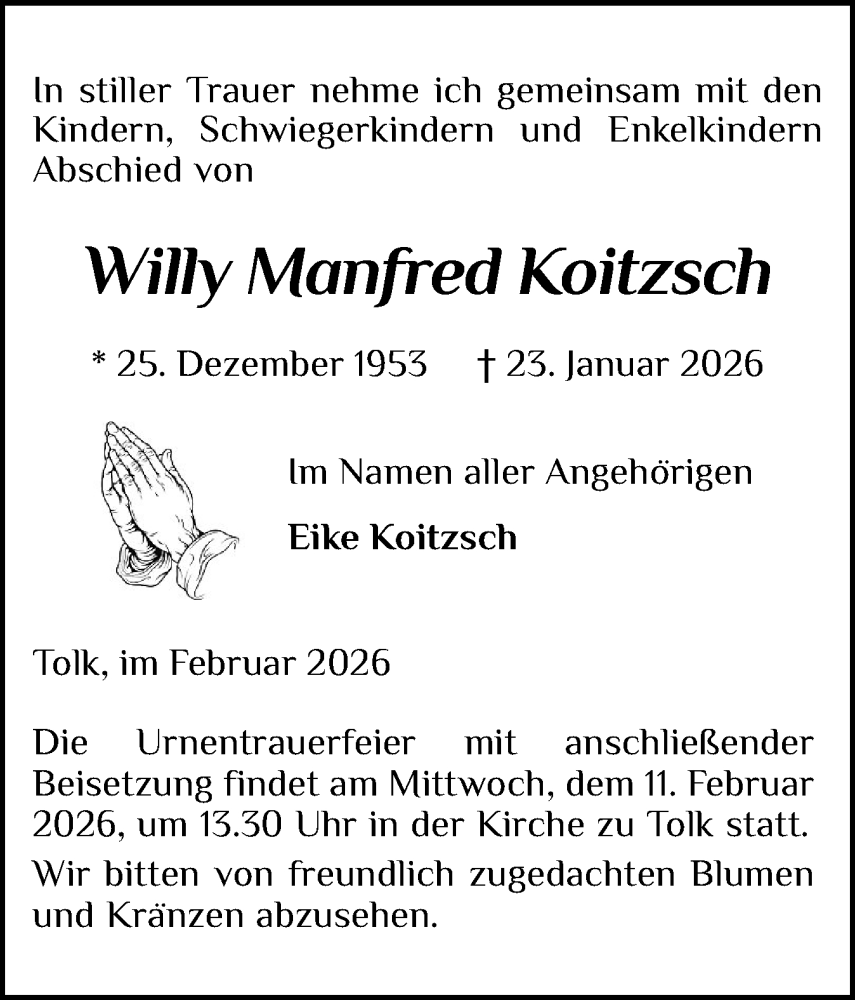  Traueranzeige für Willy Manfred Koitzsch vom 07.02.2026 aus Schleswiger Nachrichten, Schlei-Bote