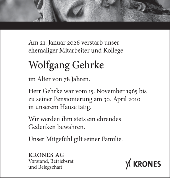 Traueranzeige von Wolfgang Gehrke von Flensburger Tageblatt