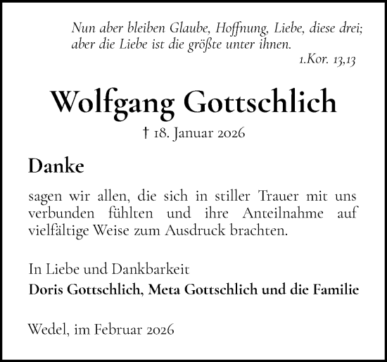 Traueranzeige von Wolfgang Gottschlich von Wedel-Schulauer Tageblatt, tip Wedel-Schulauer Tageblatt, tip Rissener Rundschau