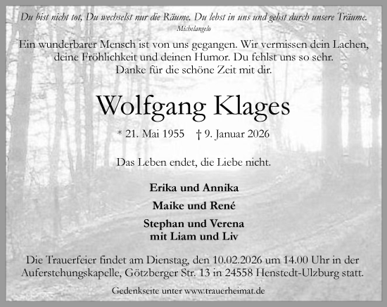 Traueranzeige von Wolfgang Klages von Umschau