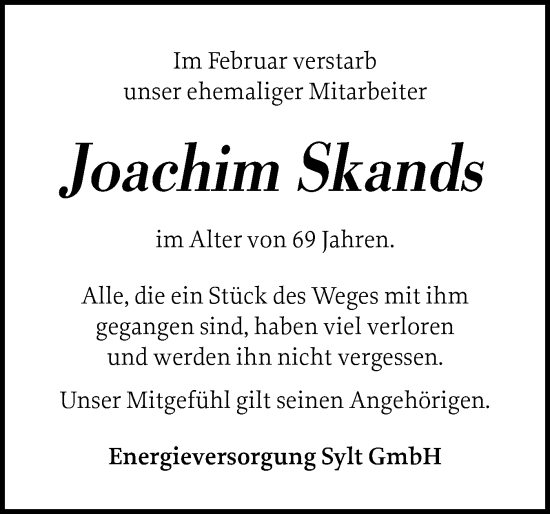 Traueranzeige von Joachim Skands von Sylter Rundschau